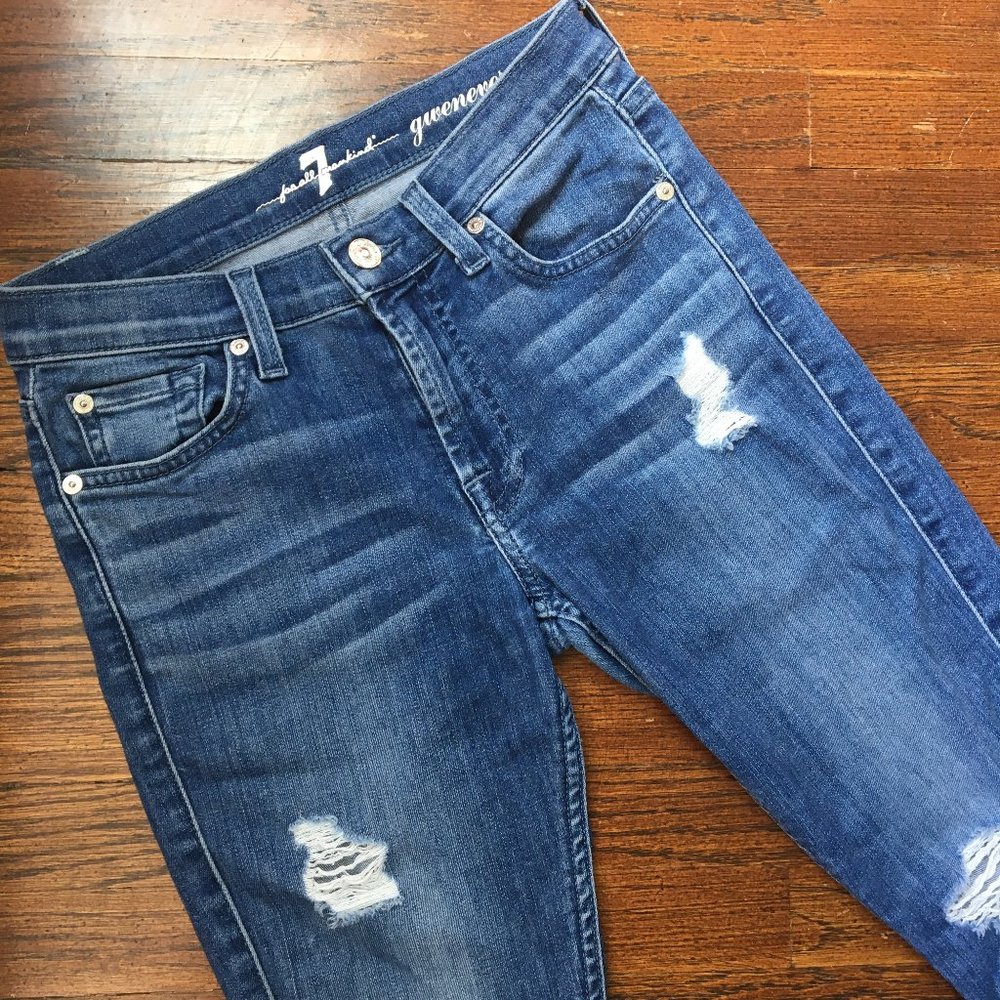 7 For All Mankind Mid Rise Skinny Jeans Basic Rip - Picture 2 of 8